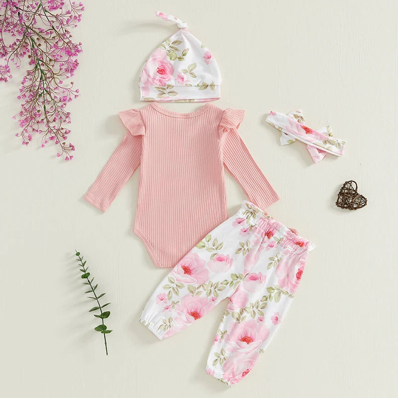 Baby Girls 4 Piece Outfit Letter Print Long Sleeves Romper and Floral Print Pants Headband Hat Set Cute Clothes
