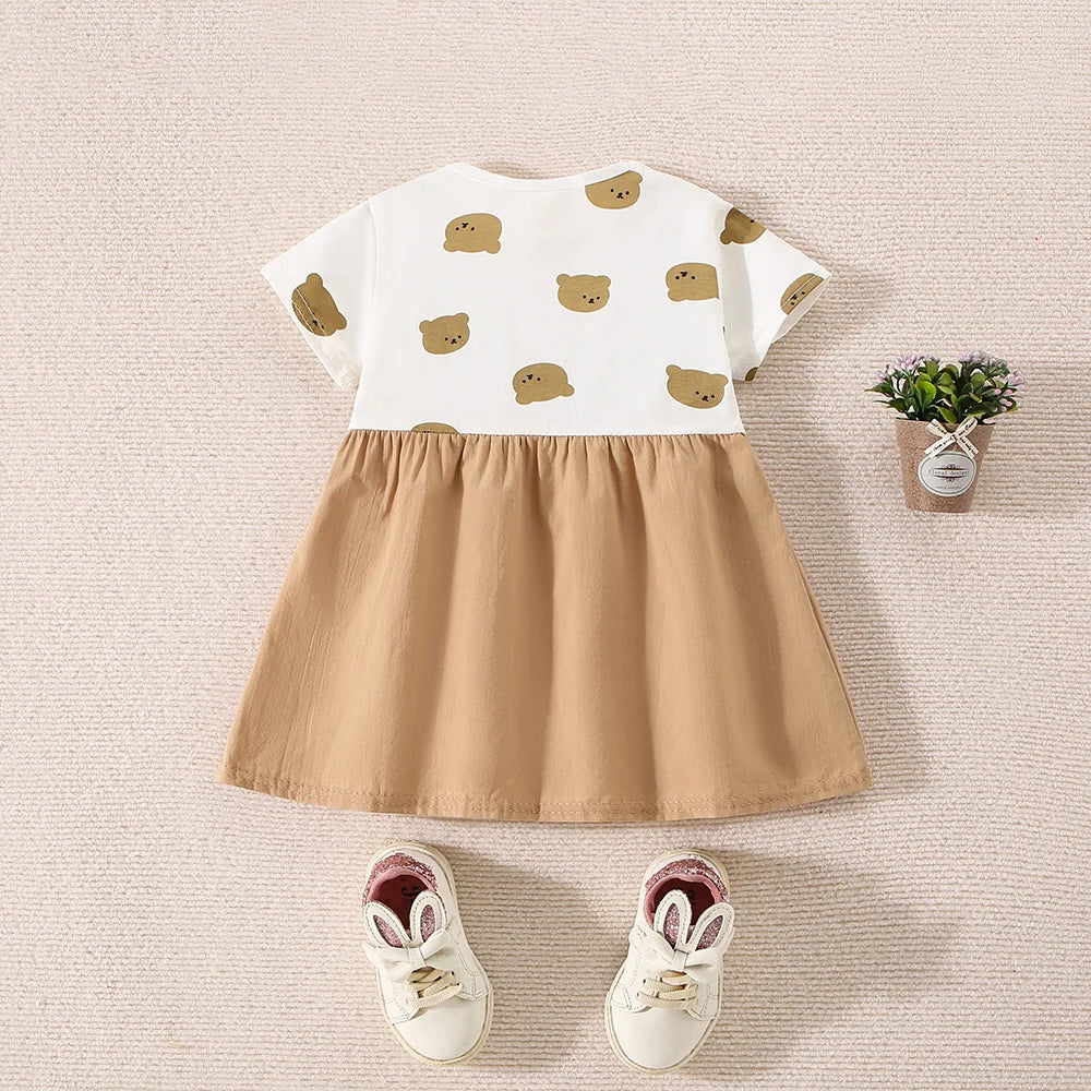 (6-24 Months) Summer New Small Bear Short Sleeved Baby Girl Dress, Fake Two Children'S Clothes