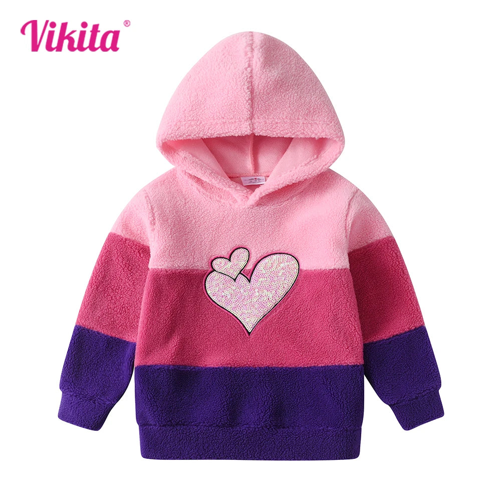 VIKITA Kids Fleece Hoodies Girls Autumn Winter Heart Sequined Hooded Sweatshirt Girls Striped Hoodies Outwear Coat Kids Clothes