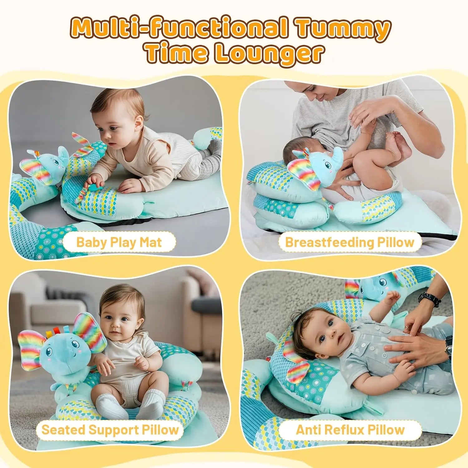 3 in 1 Baby Tummy Time Mat Support Seated Pillow Infant Newborn Toys Sensory Developmental Playmat Gift for Babies Girls Boys