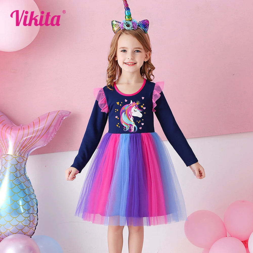 VIKITA 2025 New Kids Party Princess Dress Girls Unicorn Heart Shape Long Sleeve Spring Autumn Colorful Dress Toddlers Tops Wear
