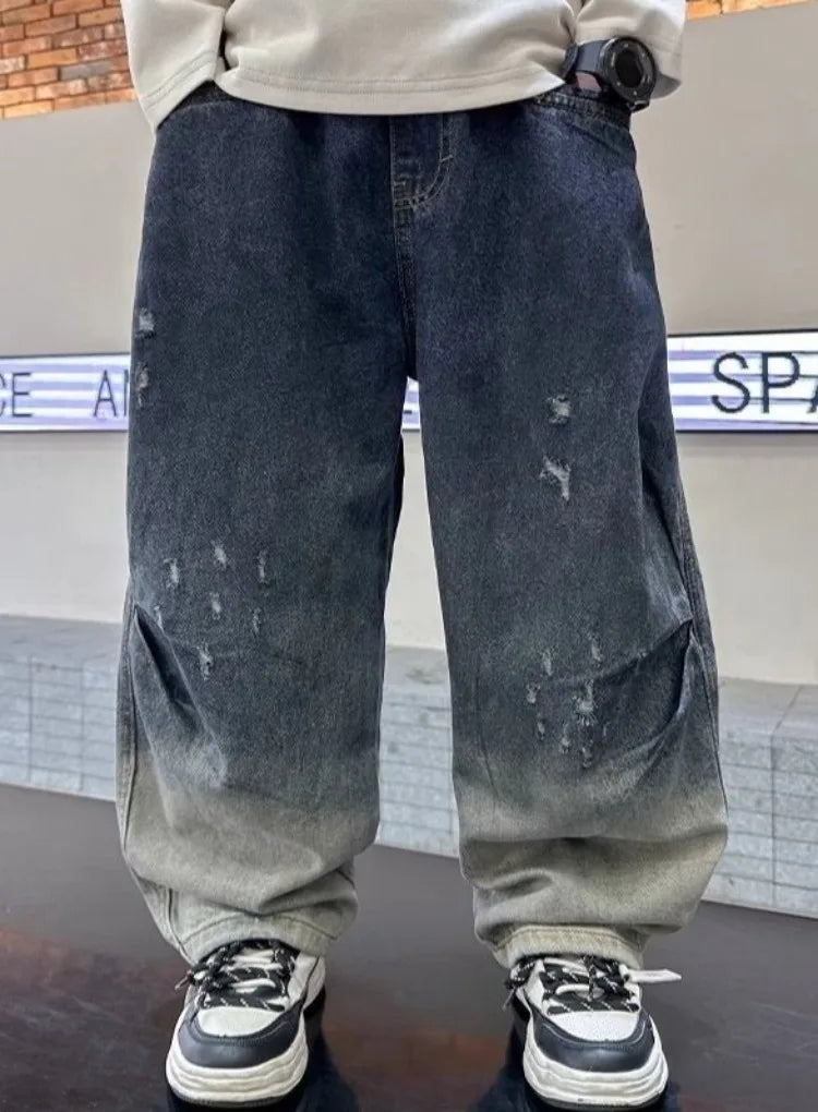 2025 New Boys' Gradient Denim Jeans Straight Leg Loose Fit Wide Pants for Kids Spring/Fall Casual Wear, Trendy & Stylish