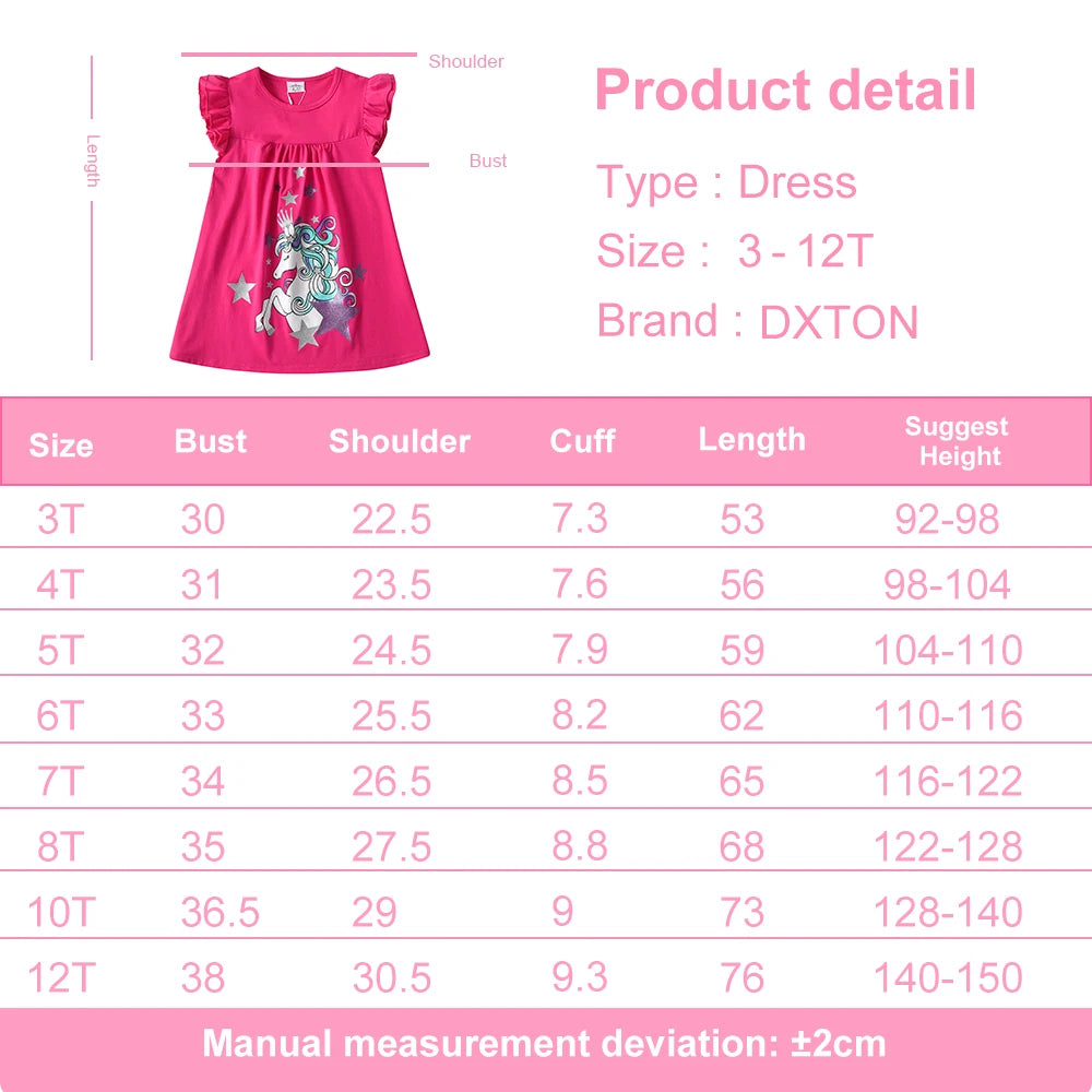 DXTON Summer Girls Dresses Unicorn Children Flying Sleeve Dress Cartoon Toddlers Casual Straight Dresses Kids Clothing 3-12 Year