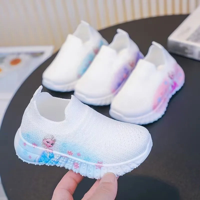 Disney Solid White Fashion Knitting Frozen Princess Elsa Children Casual Shoes Kids' Light Breathable Stretch Socks Sneakers Siz