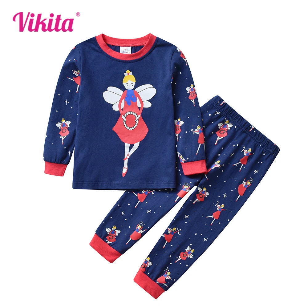 VIKITA Girls Cartoon Pajamas Sets Girl Long Sleeve Spring Autumn Pijamas Kids Cotton Casual Tops Pants 2 Pcs Pyjamas Sleepwear