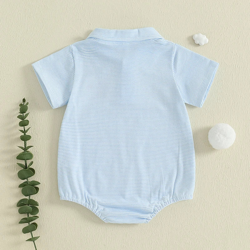 Infant Boy Jumpsuit Stylish Short Sleeve Striped Romper with Turn-down Collar and Embroidery Detail for Everyday Wear