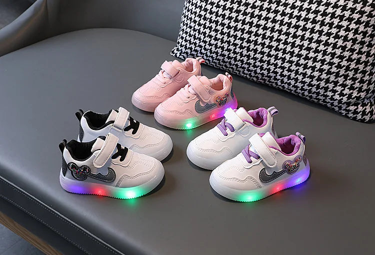 Kids'Casual Shoes Children Led Light Cartoon PU Leather Spring Anti-slip Soft Bottom Sneakers Black Pink Size 21-30