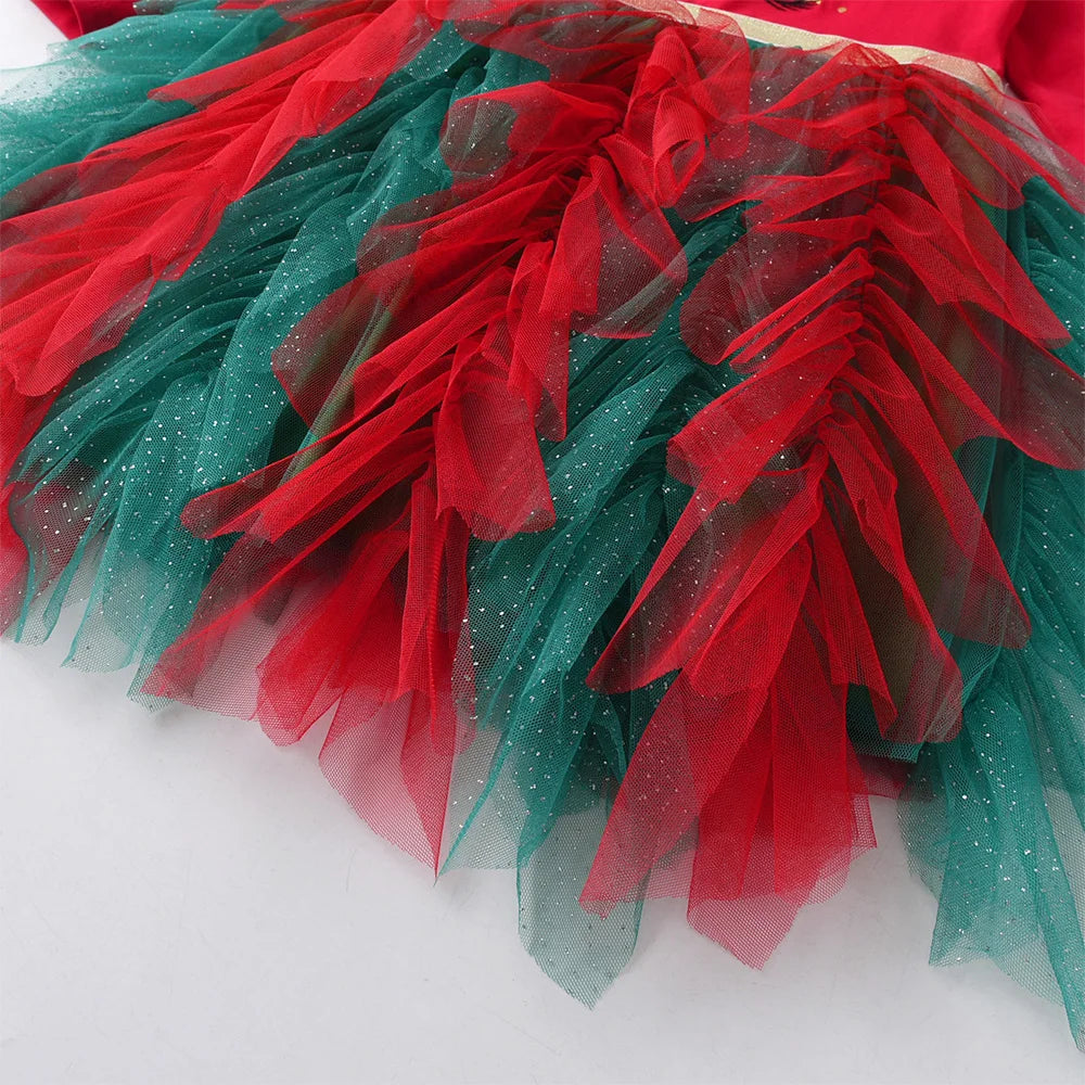 VIKITA 2025 New Girls Christmas Green Red New Year Princess Tutu Dress Kids Unicorn Snowflakes Autumn Winter Party Prom Gown