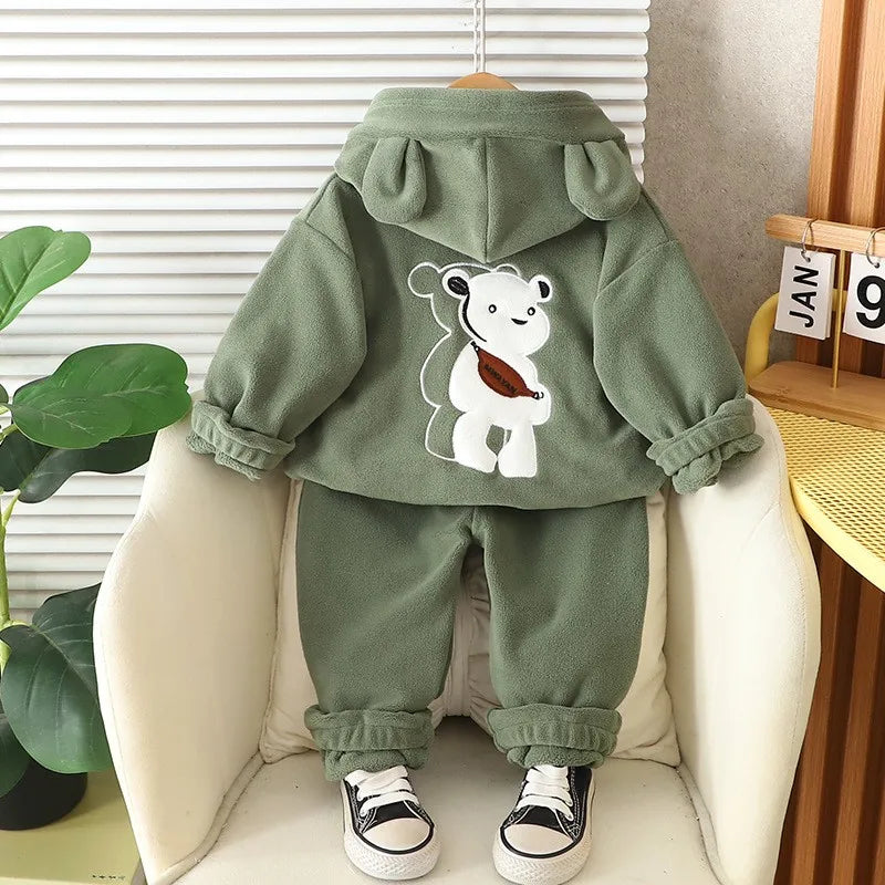 Autumn Winter Baby Boys Warm Clothes Set Thick Fleece Cartoon Bear Zipper Hooded Jacket Pants 2Pc For 1-5 Years Girls Sport Suit