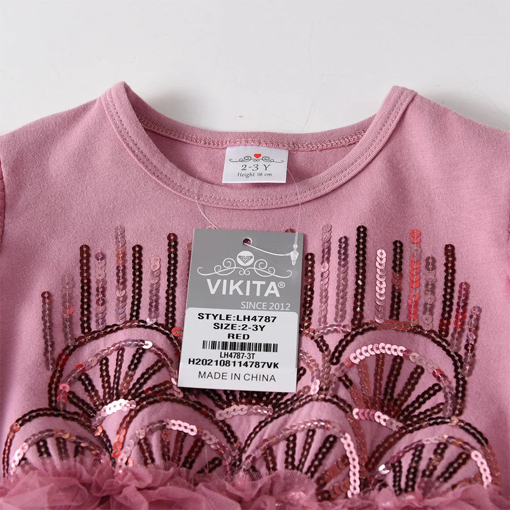 Girls Pink Ruffled Tulle Layered Mesh Cake Tutu Dress Kids Sequins Appliqued Glittery Shiny Performance Party Princess Dresses