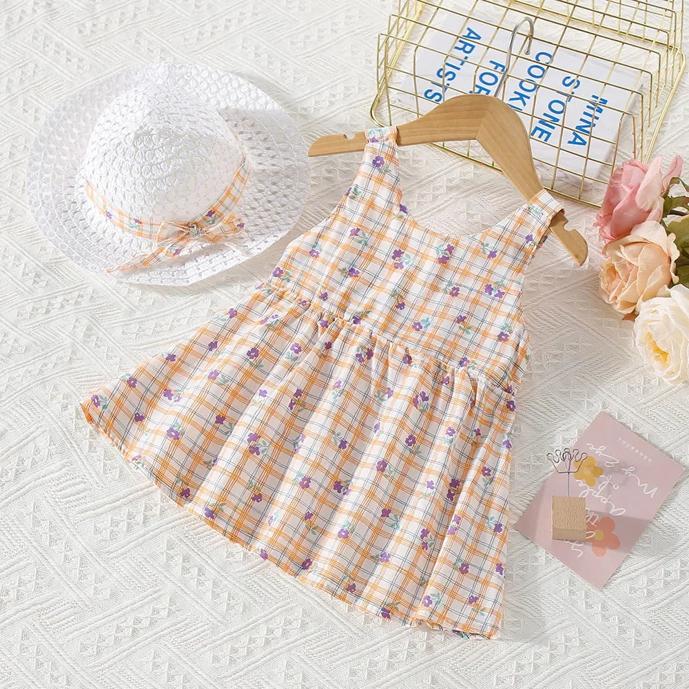 (0-3 Years Old) Summer Baby Girl Cotton Plaid Flower Suspender Dress Cute Bow Beach Dress With Hat