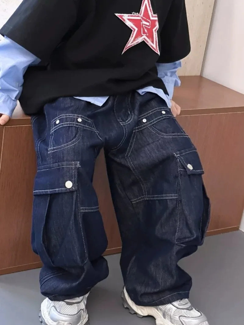 2025 New Boys' Solid Color Jeans - Loose Fit Straight Leg Kids' Long Pants with Pockets, Trendy & Stylish Denim for Active Boys