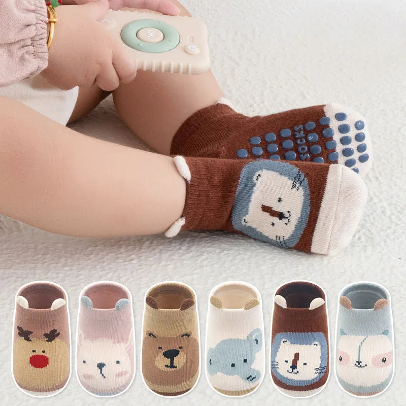 6 Pairs Kids Cotton Socks Non-slip Boys and Girls Cute Cartoon Animal Patterned Comfy Breathable Baby Floor Socks