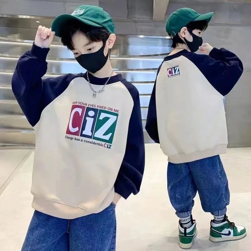 Boys' Medium-Large 2025 New Arrival No Hood Street-Style Korean Trendy Layering Top Kids Sweatshirt for Spring/Autumn