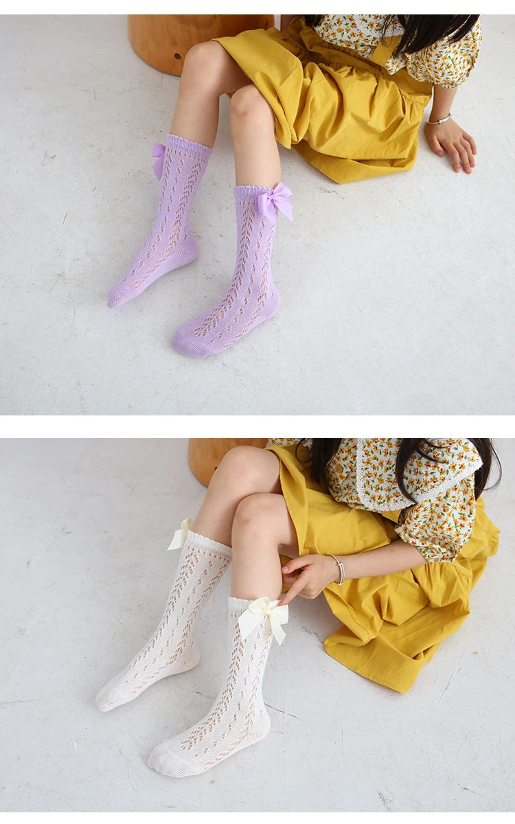1 Pairs Summer Bow Baby Girls Socks Toddler Long Sock Infant Knee High Cotton Mesh Spanish Style Breathable Socks For 0-8Years