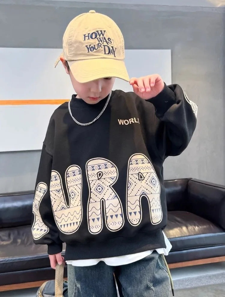 Boys' Medium-Large 2025 New Spring/Autumn Trendy No Hood Layering Top Sweatshirt