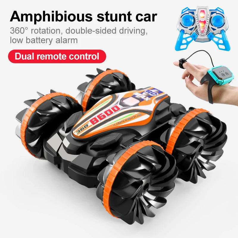 New LED Amphibious RC car Dual remote control waterproof stunt car double side flip drift drive 360 ° rotation rc cars Kids toy
