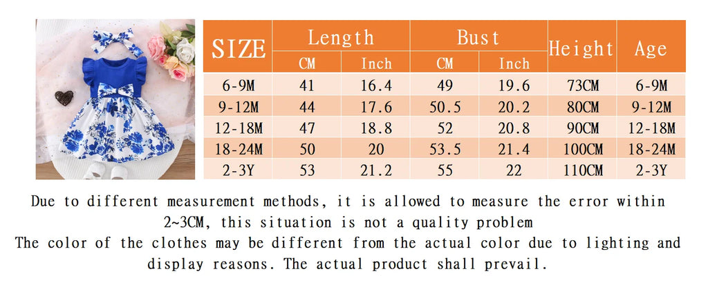 Summer New Blue Bow Baby Girl Dress, Fashionable Children'S Clothing With Free Hairband (6 Months -3 Years Old)