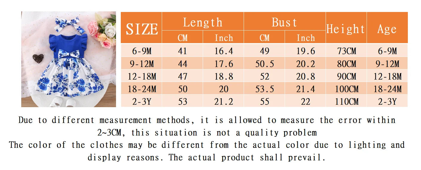 Summer New Blue Bow Baby Girl Dress, Fashionable Children'S Clothing With Free Hairband (6 Months -3 Years Old)