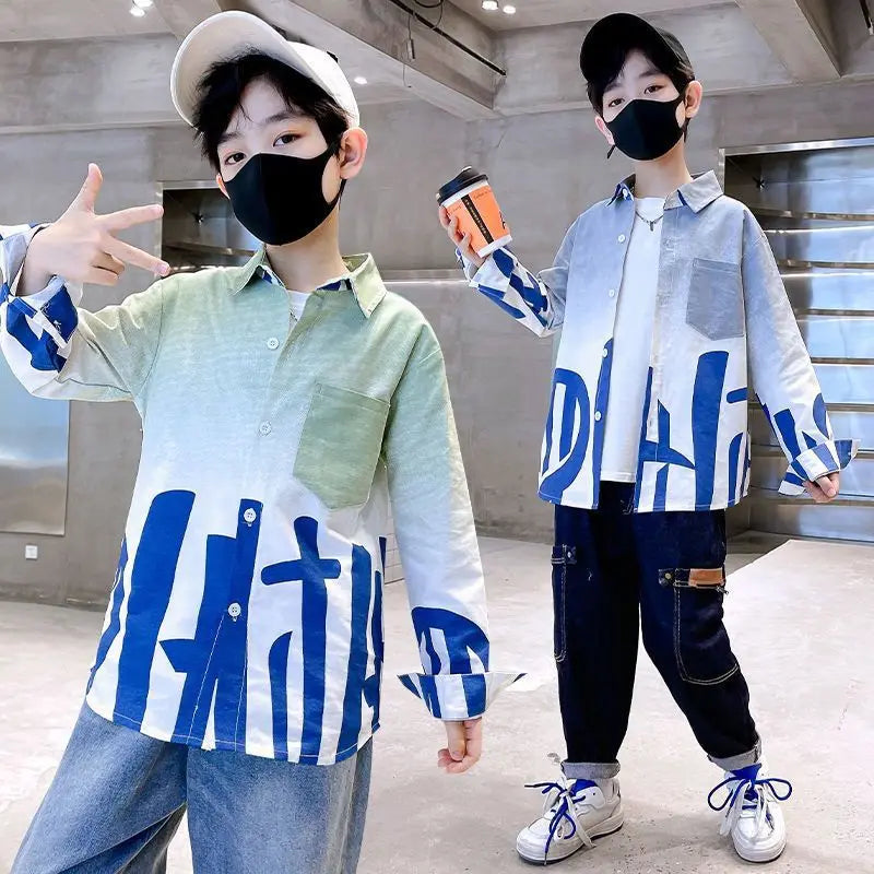 2025 Trendy Tween Boys Gradient Shirt Spring Autumn Summer Kids Clothing Hot Sale Unique Fashion Design