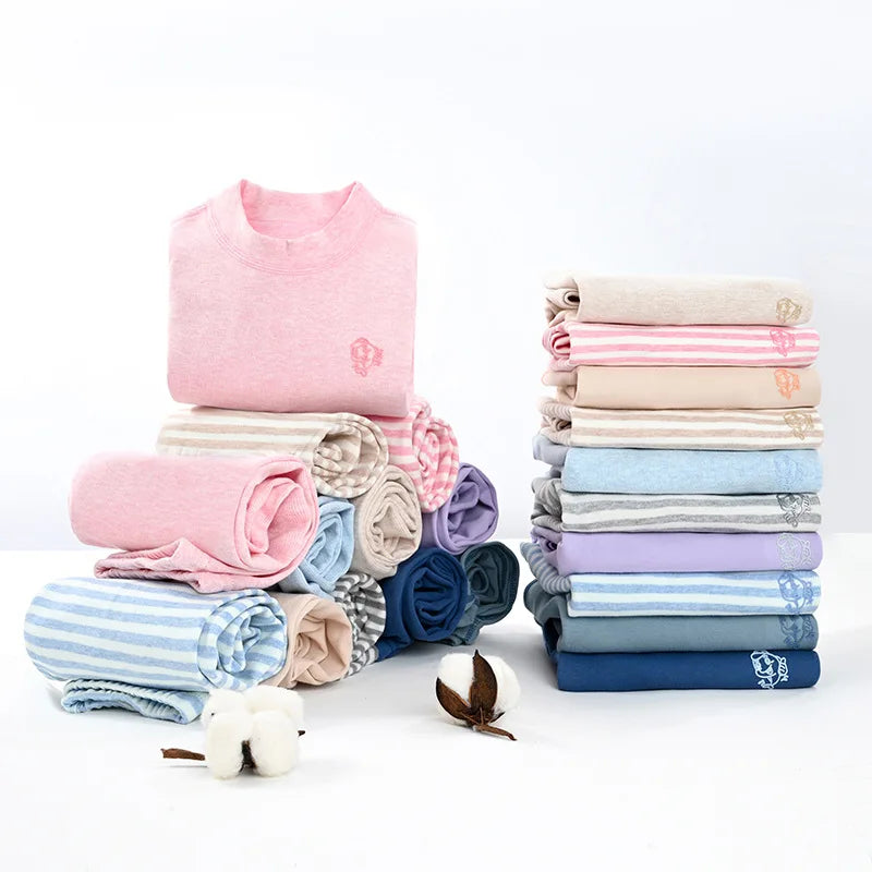 Thermal Underwear for Boys Cotton Thicken Warm Autumn Winter Teenage Children Underwears Set Solid Two Pieces Girls Clothing Set