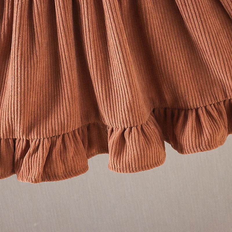 New Fall New Girls Dress Fake Two Upper Body Knitwear Suspenders Corduroy Floral Bear Fluffy Lace Pleated Sweet Princess Dress