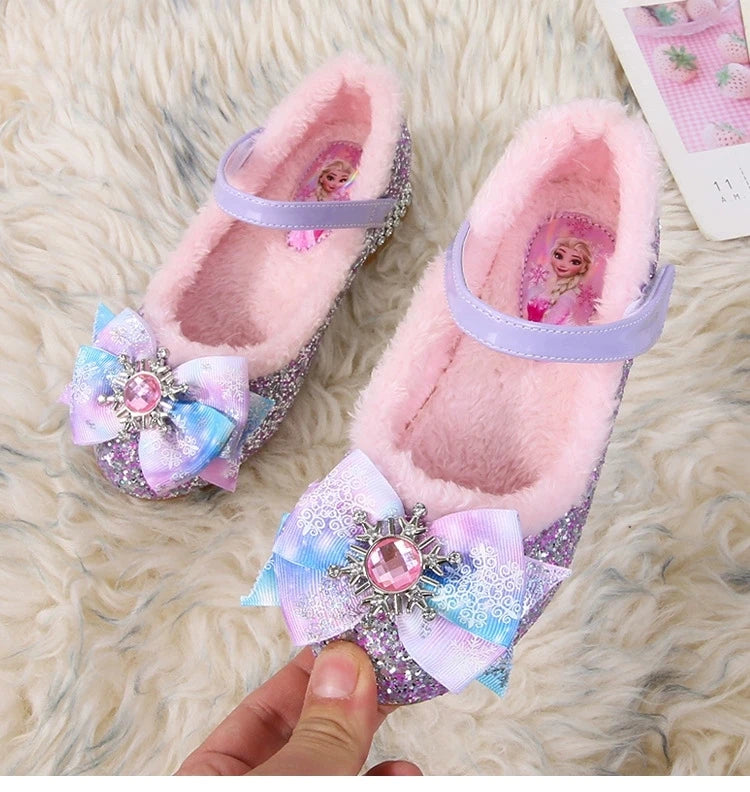 Disney Elsa Girls' High Heel Bowknot Blue Pink Fashion Children's Girl Crystal Princess Warm Winter Shoes Gift Size 23-36