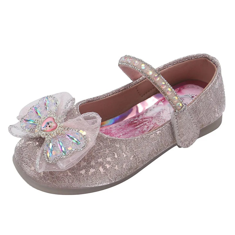 Kids'Casual Shoes Elsa Princess Frozen PU Leather Crystal Bow Spring Shoes For Girls Anti-slip Pink Blue Shoes Size 26-36