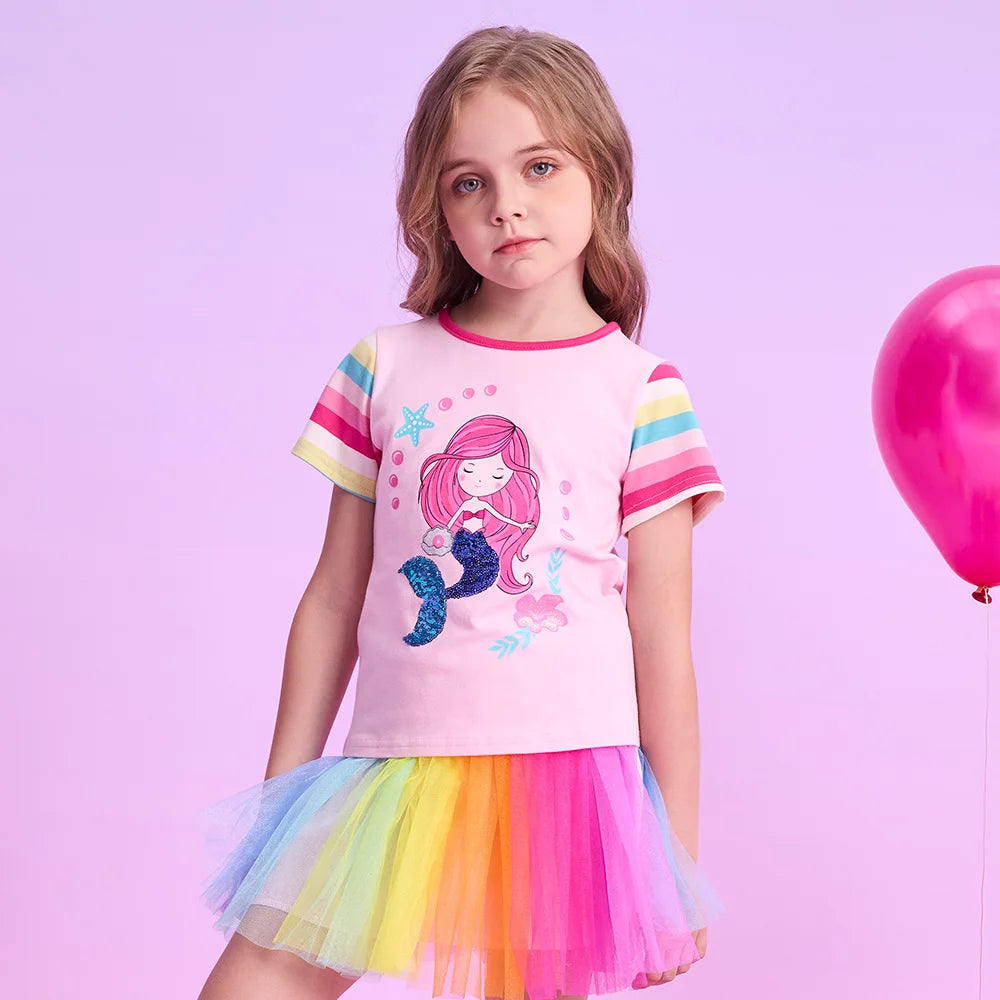 VIKITA Girls Mermaid Print Cartoon T Shirt Kids O Neck Summer Short Sleeve T Shirts Girls Pink Cotton Casual Tops and Tees Wear