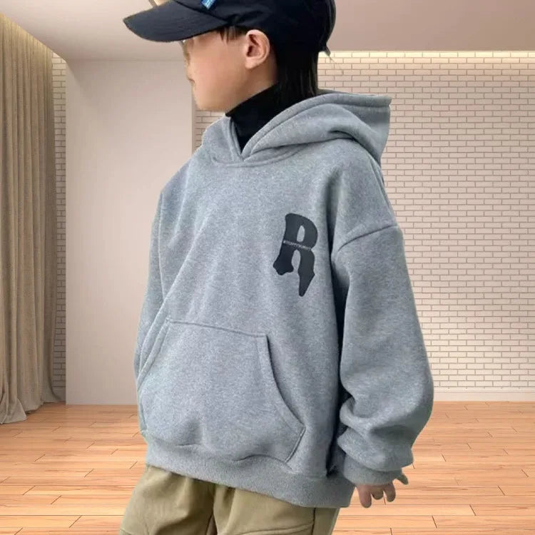 2025 New Boys' Mid-Large Maillard Fleece-Lined Hooded Hoodie - Stylish Autumn Winter Spring Kids' Top