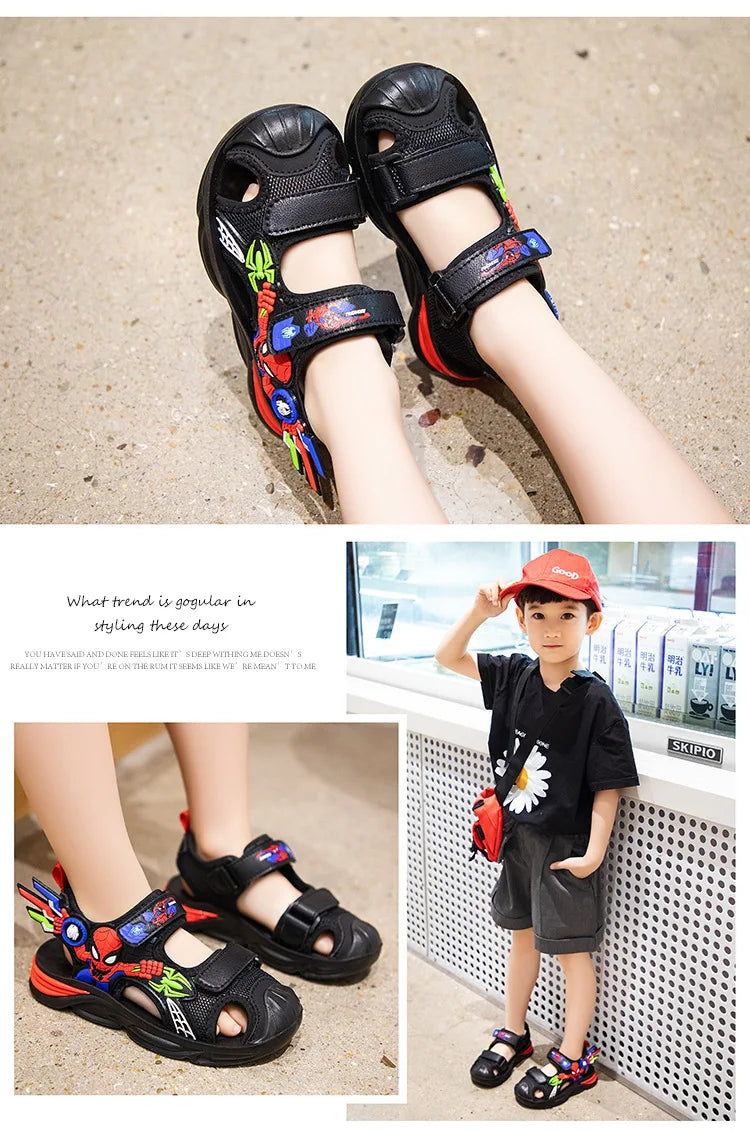 Disney Children's Cartoon Sandals Summer Boys' Beach Sandals Soft Soled Children's Sports Sandals Open Peep Toe Black Shoes