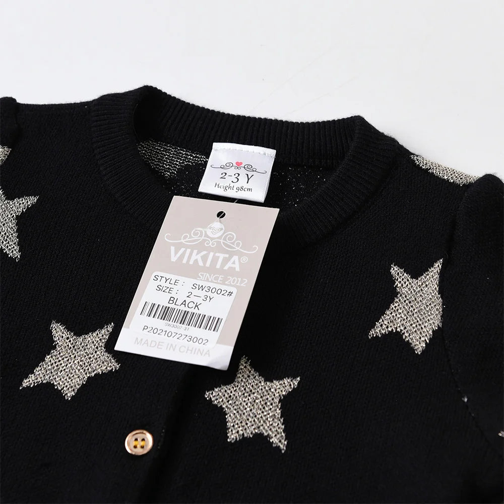 VIKITA Toddlers Silver Star Cardigans Kids Round Neck Button Sparkly Casual Daily School Street Cool Black Sweaters Outfits