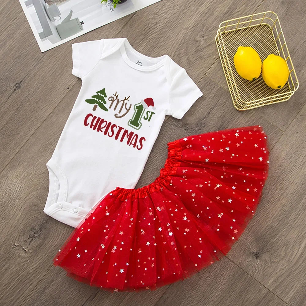 My First Christmas Newborn Girl Red Romper Jumpsuit Baby Girl Casual Short Sleeve Toddler Cake Dresses Christmas Best Gifts