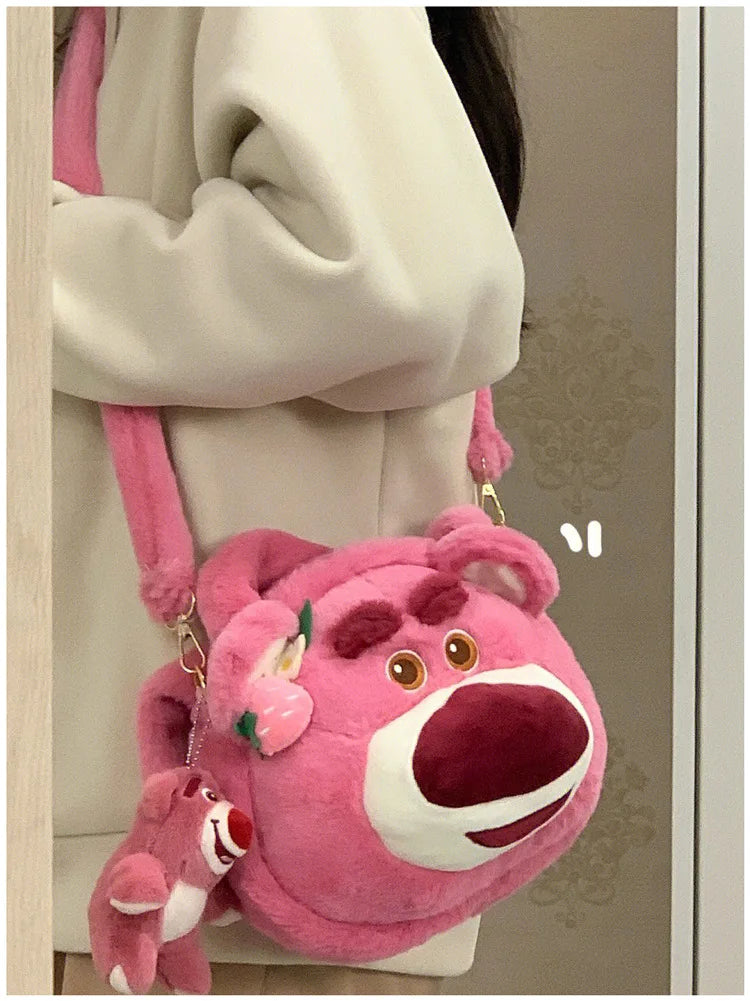 Disney Strawberry Bear New Girl Plush Shoulder Messenger Bag Cartoon Cute Girl Handbag Fashion Trend Plush Girl Bag High Quality