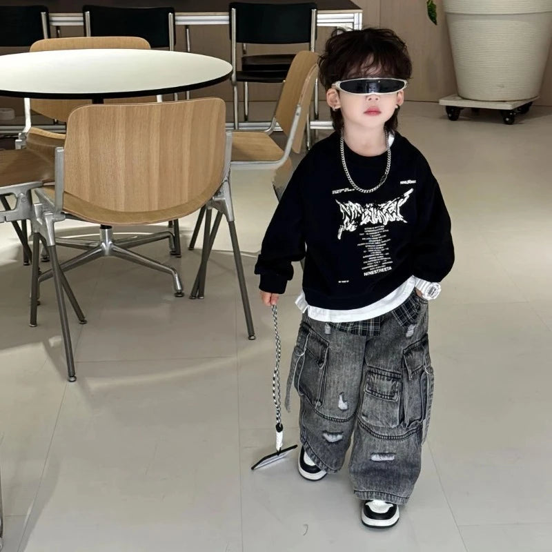 Boys' 2025 Spring New Fake Two-Piece Color-Blocked Korean Style Dashing Stylish T-Shirt