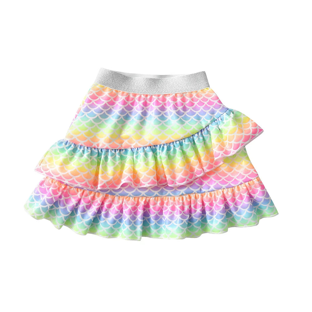 DXTON Girls Ball Gown Skirt Children Clothing Summer Autumn Spring Colorful Mermaid Print Ruffles Miniskirt Kids Mesh Tutu Skirt