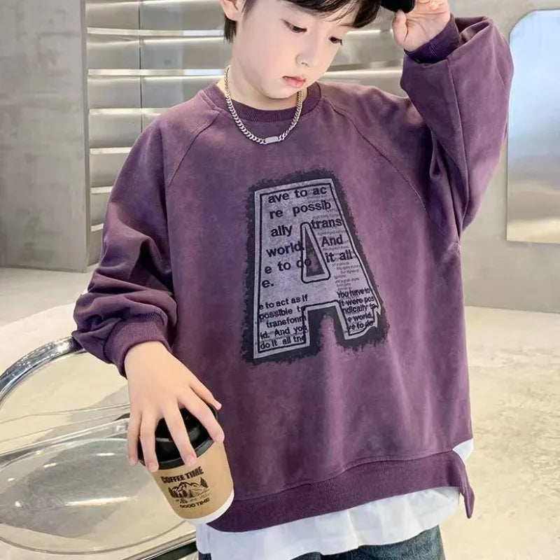 Boys' Medium-Large Spring Stylish Street-Style Letter Print Long Sleeve No Hood Sweatshirt