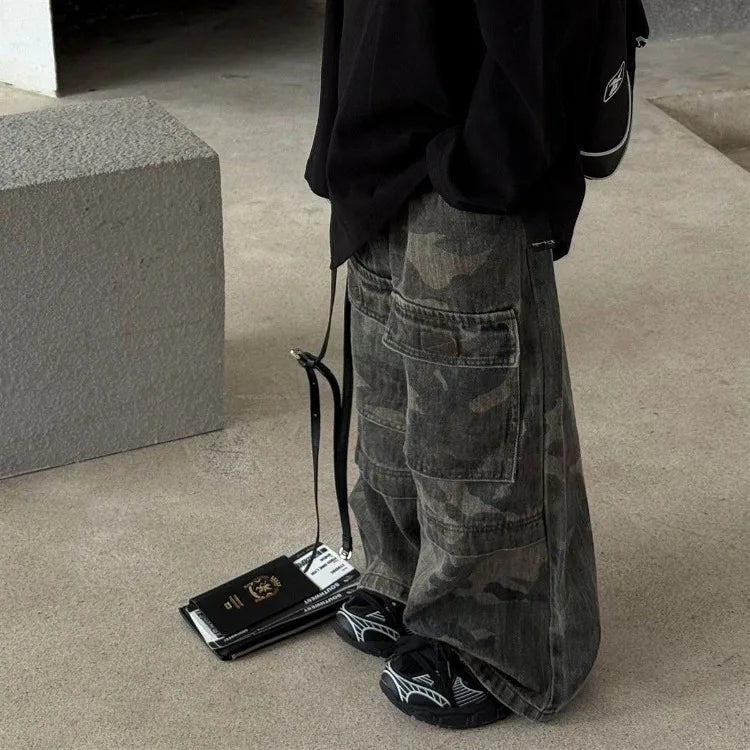 Boys' Vintage Hip-Hop CAMO Wide-Leg Jeans Kids' Spring Autumn 2025 New Release Medium-Large Denim Pants