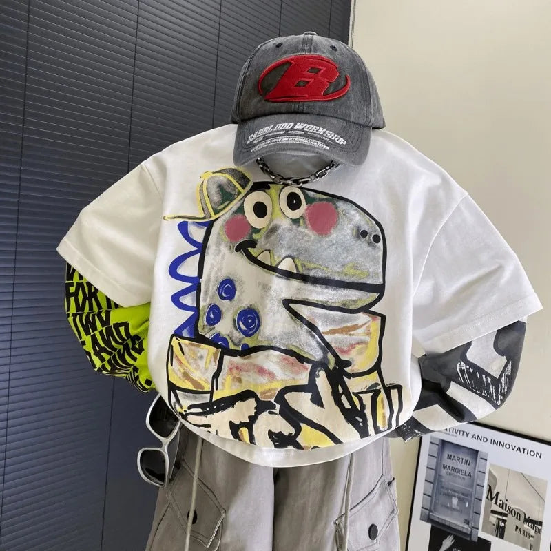 Fake Two Pieces Long Sleeve Cotton T-shirt Clothes for Boys Children's Tee Cartoon Fashion Clothing Korean Kids Boy 7 8 14 Years