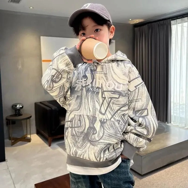 2025 New Boys' Mid-Large Spring-Autumn Trendy Brand Hooded Hoodie - Stylish Kids' Spring Wear Top