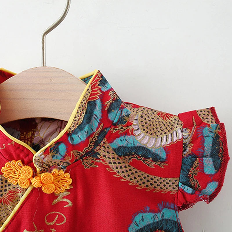 (9 Months -3 Years Old) Summer New Chinese Retro Style Baby Girl Dress, Spring Festival Party Children'S Clothing