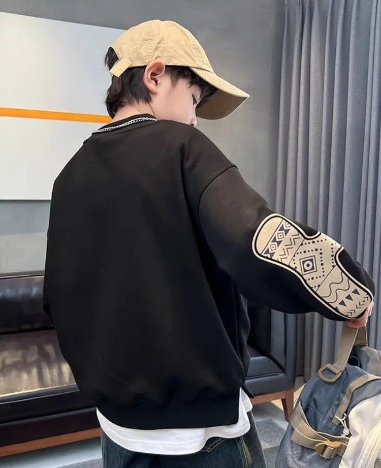 Boys' Medium-Large 2025 New Spring/Autumn Trendy No Hood Layering Top Sweatshirt