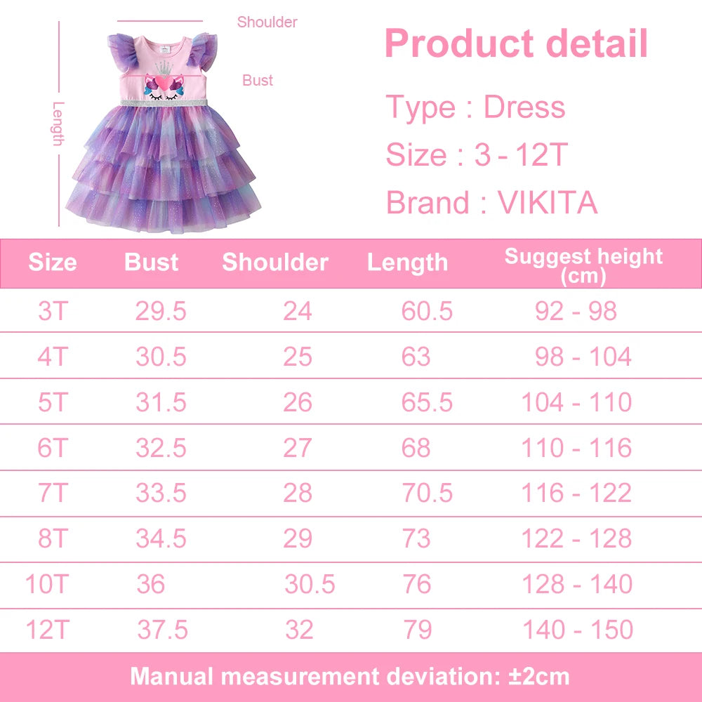 VIKITA Girls Unicorn Print Cartoon Dress Kids Summer Flare Sleeve Dresses Girls Layered Mesh Tulle Tutu Party Dress Kids Clothes
