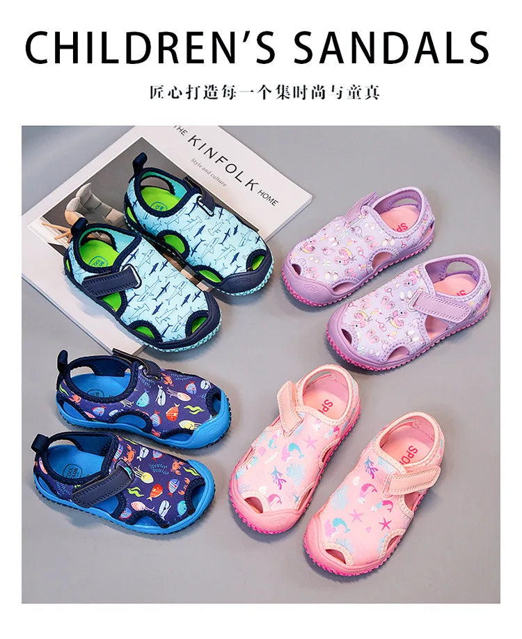 Kids'Sandals Canvas Prehobbler Baby Summer Beach Shoes Printing For Children Breathable Anti-slip Purple Blue Shoes Size 21-31