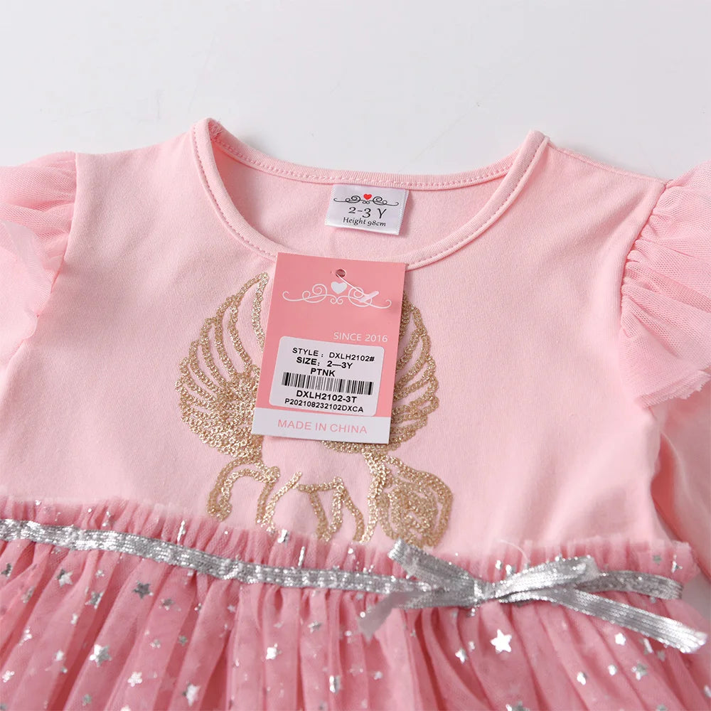 VIKITA Girls Autumn Spring Flare Sleeve Dress Kids Licorne Print Gradient Dresses Kids Birthday Party Princess Pink Mesh Dresses