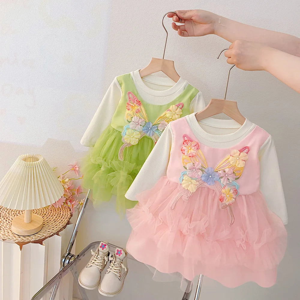 Spring And Autumn New Baby Girl Princess Dress, Sweet Flower Butterfly Children'S Long Sleeve Clothes For Babies Aged 0-3 Years
