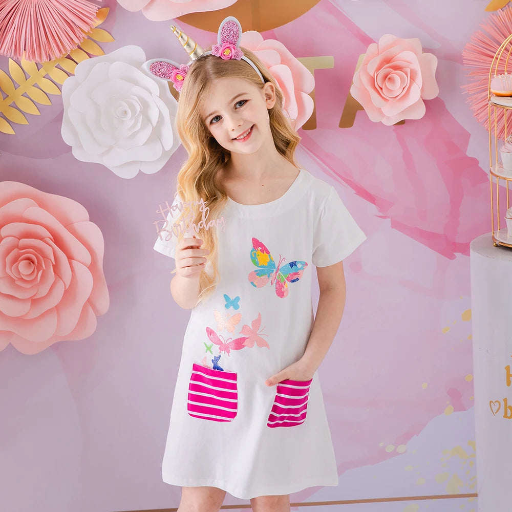 DXTON Summer Children Dresses For Girls Short Sleeve Kids Dresses with Pocket Butterfly Printed Girls Casual Cotton Clothing
