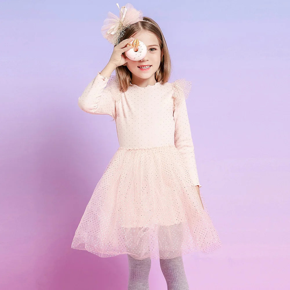VIKITA Girls Knitted Dress Long Sleeve Autumn Spring Pink Dresses Girls Birthday Party Mesh Cotton Casual Dress Kids Clothes