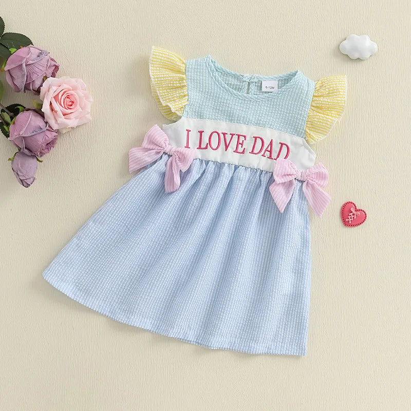 Adorable Infant Girl Sleeveless Dress with Cute Bow Accents Embroidered Letters Striped Design and Ruffled Trim