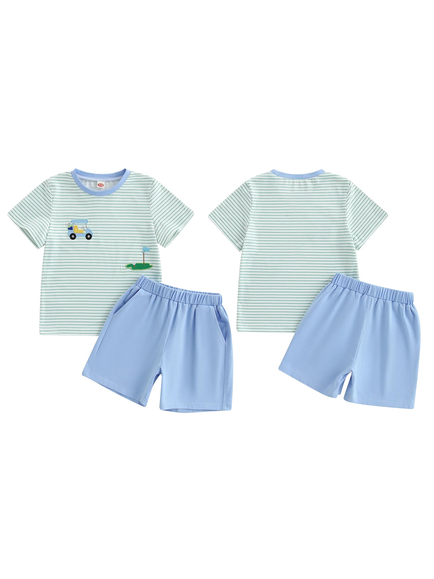 Boys Summer Golf Theme Embroidered T-Shirt and Elastic Waist Shorts Set with Round Neck and Short Sleeves 2-Piece Outfit